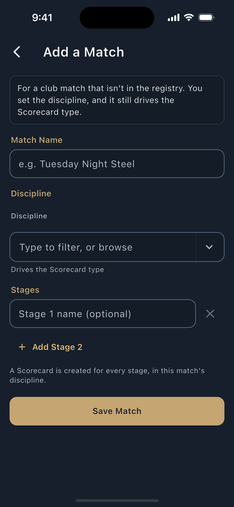 Add a Match: name, discipline, and the stage rows.