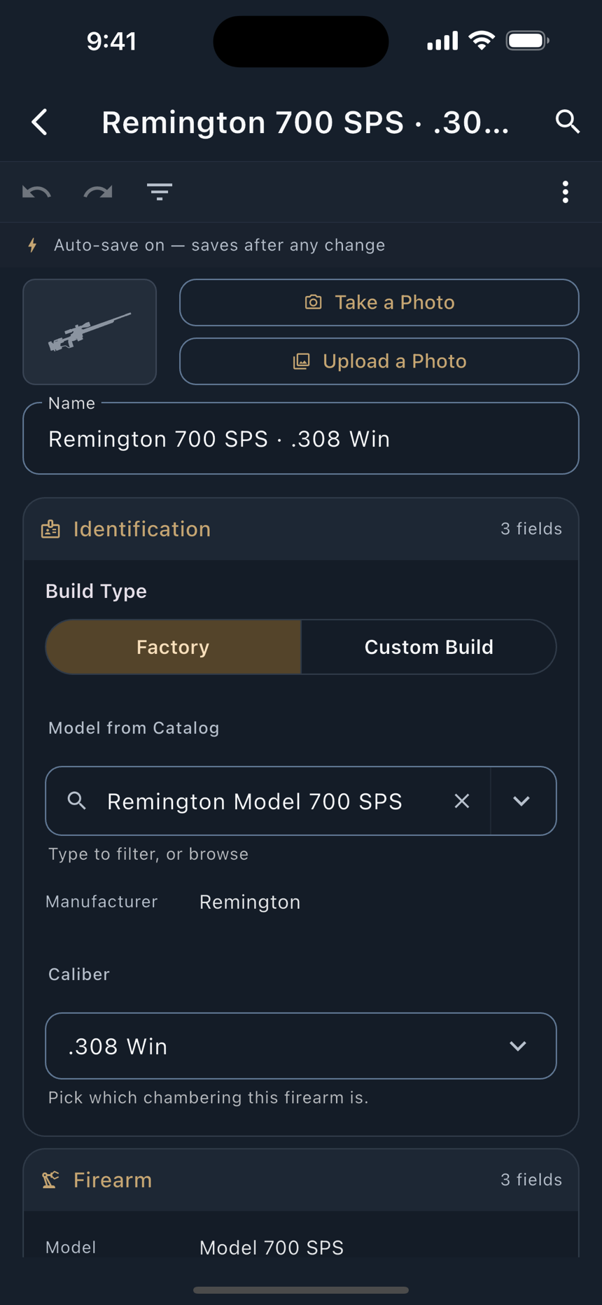 The firearms list, and the form for a factory rifle.