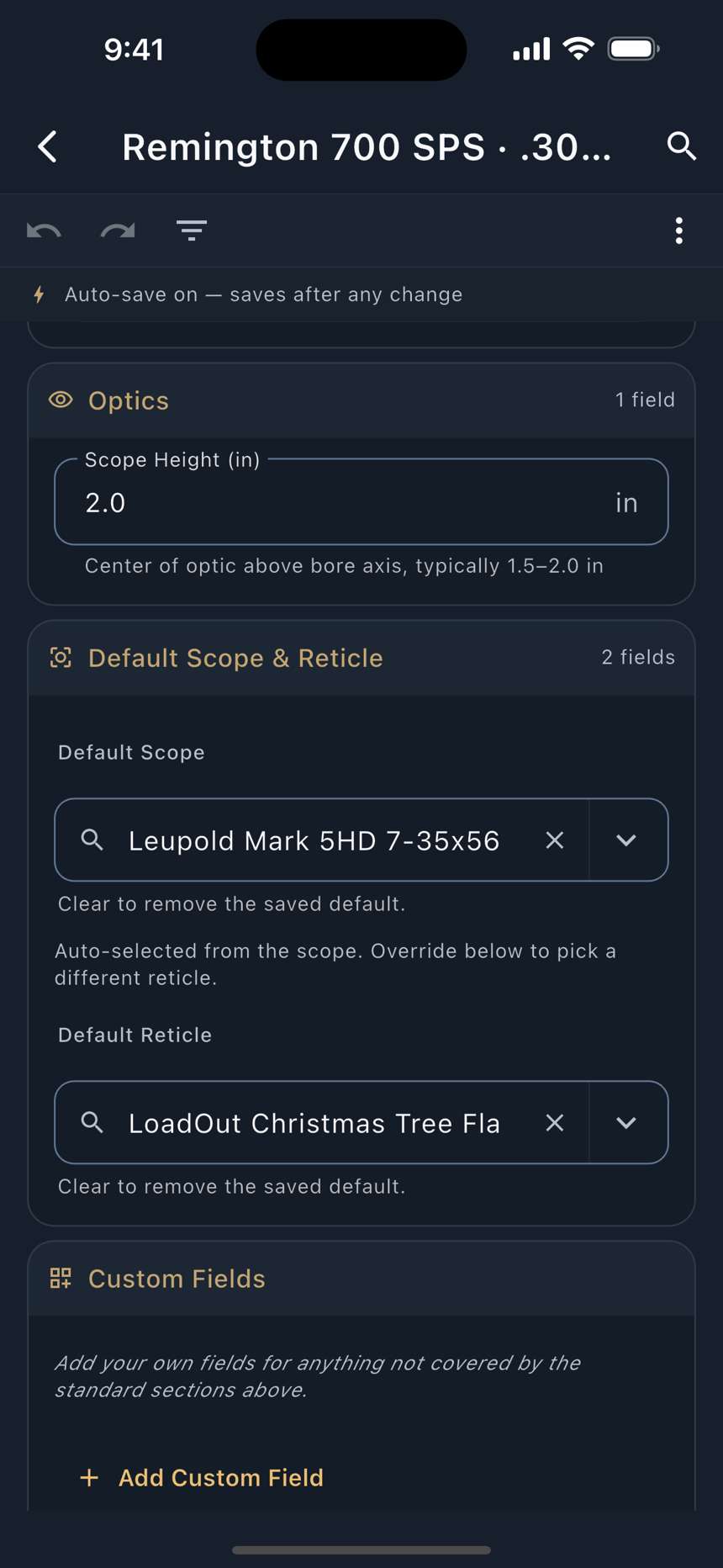 The scope and reticle pickers on the firearm form.