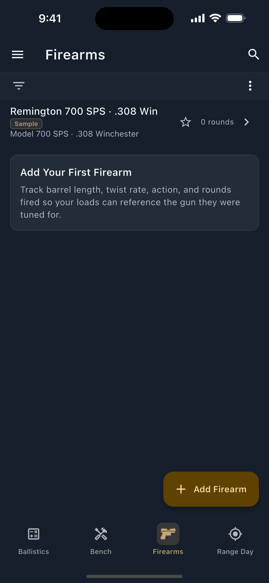 The firearms list, and the form for a factory rifle.