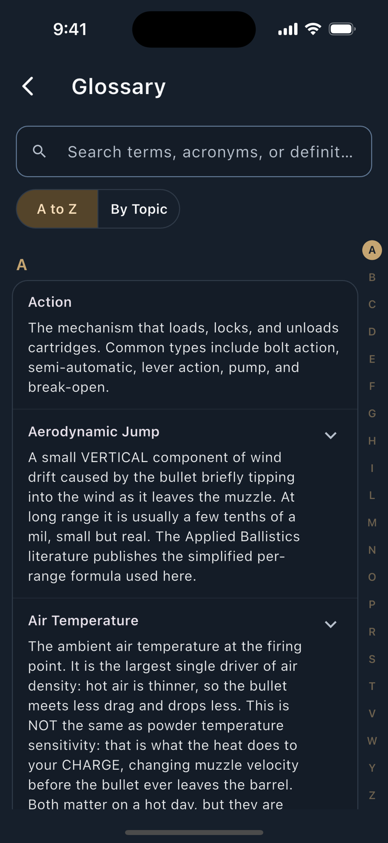 The glossary by topic, and one term with its example.