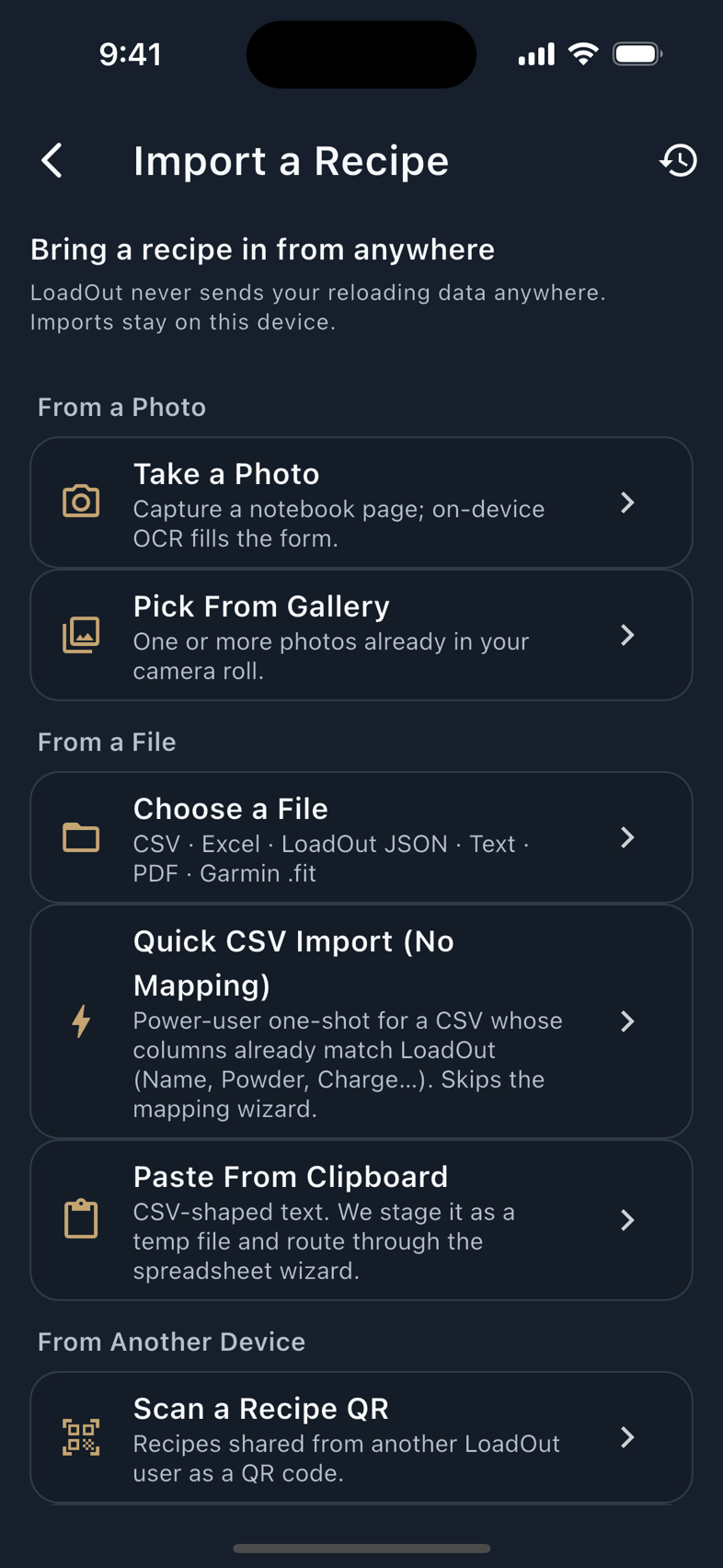 The import landing, and the file picker behind Choose a File.