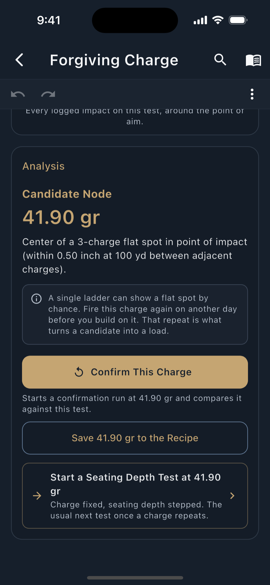 A finished load development test’s Analysis view, dark appearance: velocity and spread charted per charge weight, with the charges the numbers favour called out.