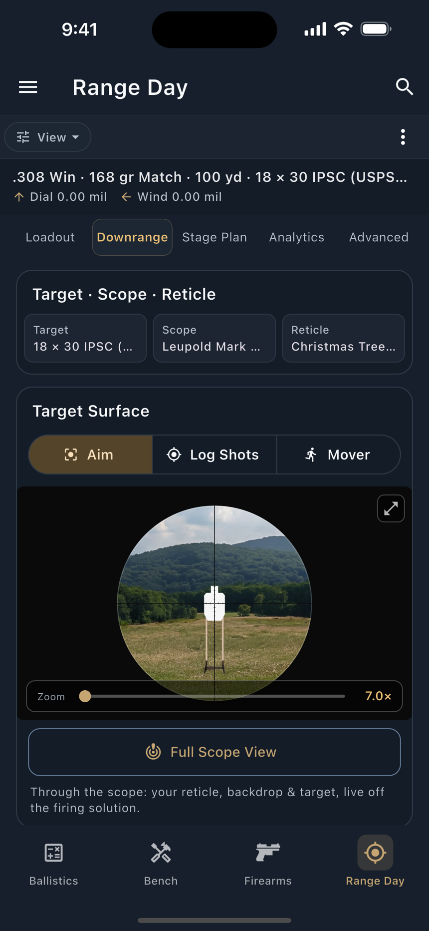 Range Day on iPhone, dark appearance: the Scenic scope view, a steel target downrange behind the reticle.