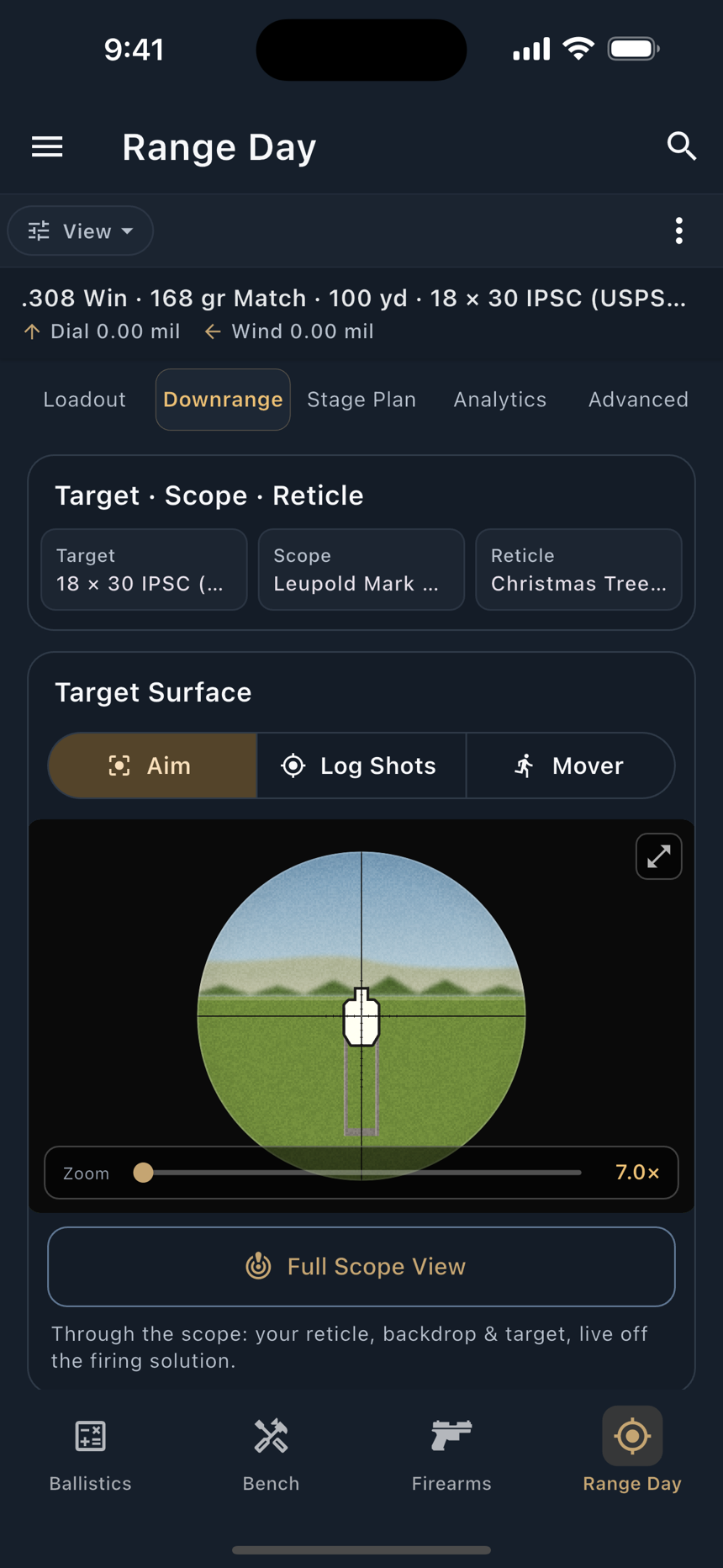 Range Day’s scope view on the free Stylized tier, dark appearance: the reticle over an IPSC target sized for the range.