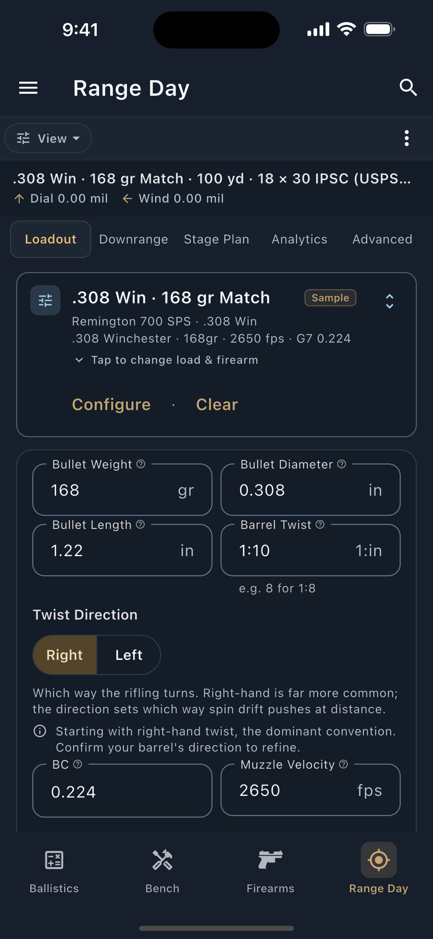 The Loadout tab: profile, load, firearm, and the load details underneath.