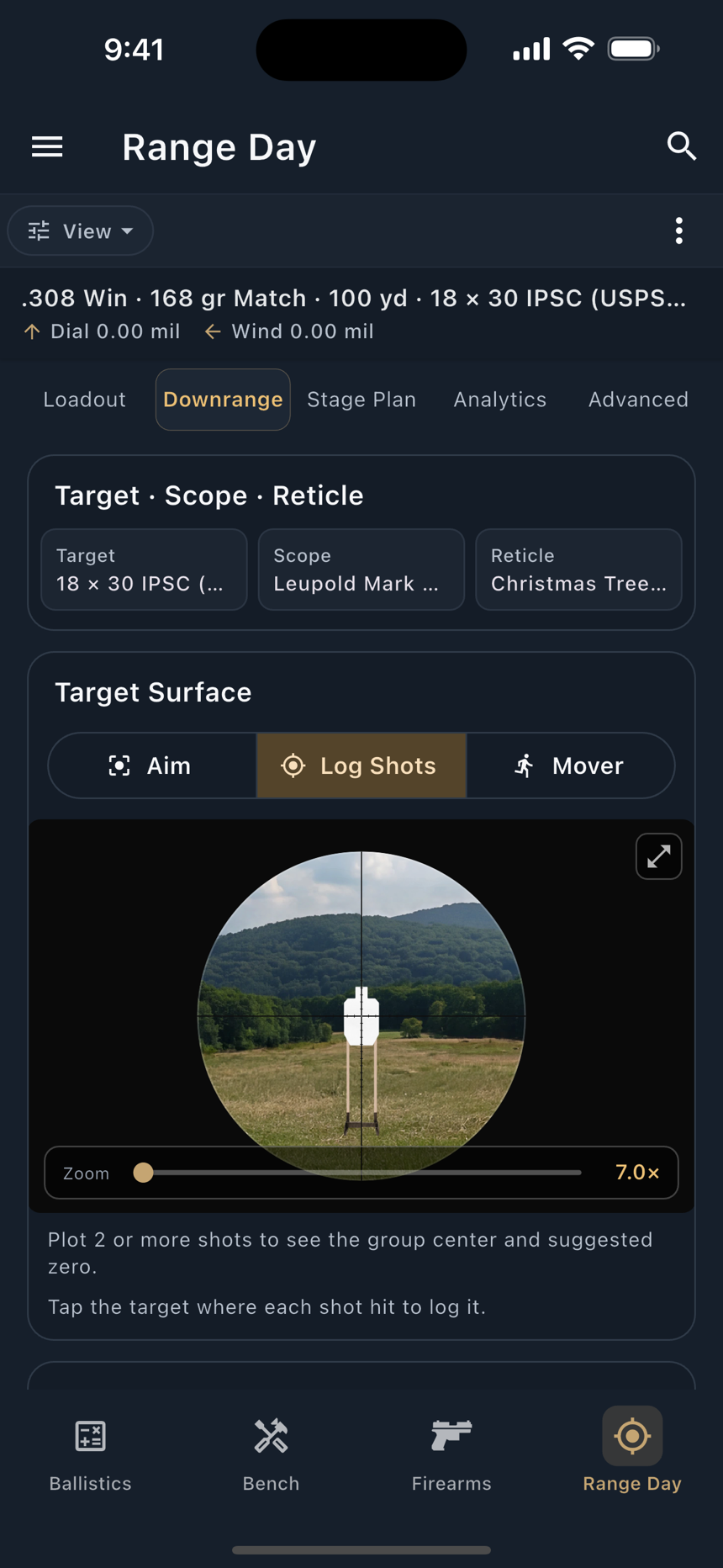 Aim, and Log Shots with impacts plotted on the target face.
