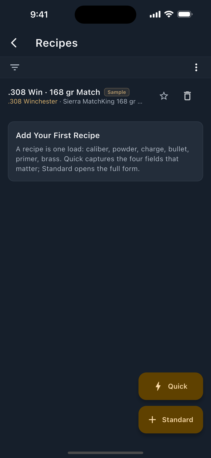 The Recipes list on iPhone, dark appearance: saved loads by cartridge, each row naming the bullet, powder and charge.