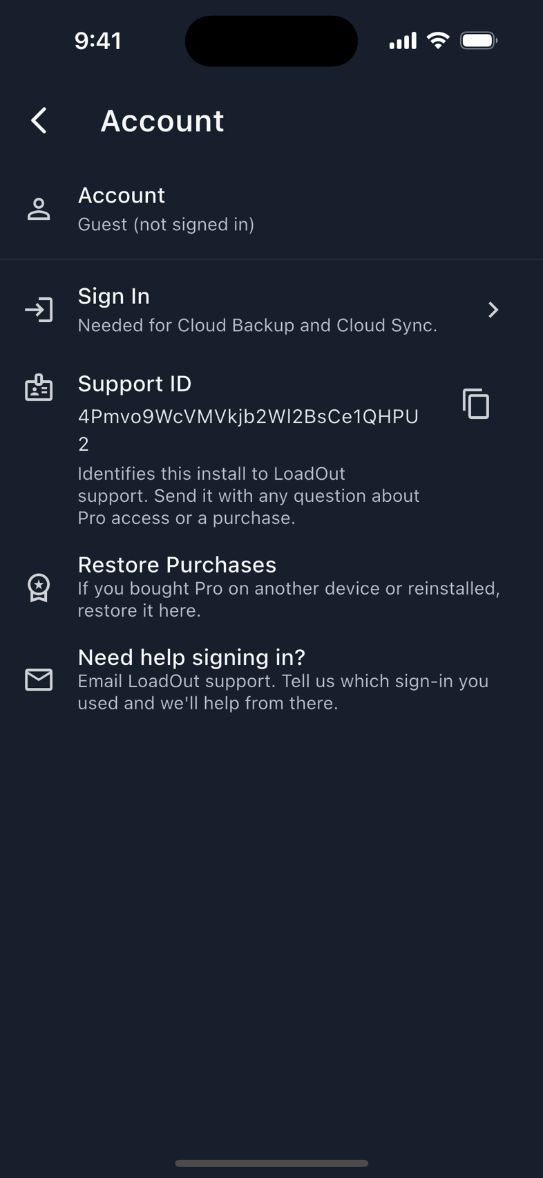 Account, with Support ID and Restore Purchases.