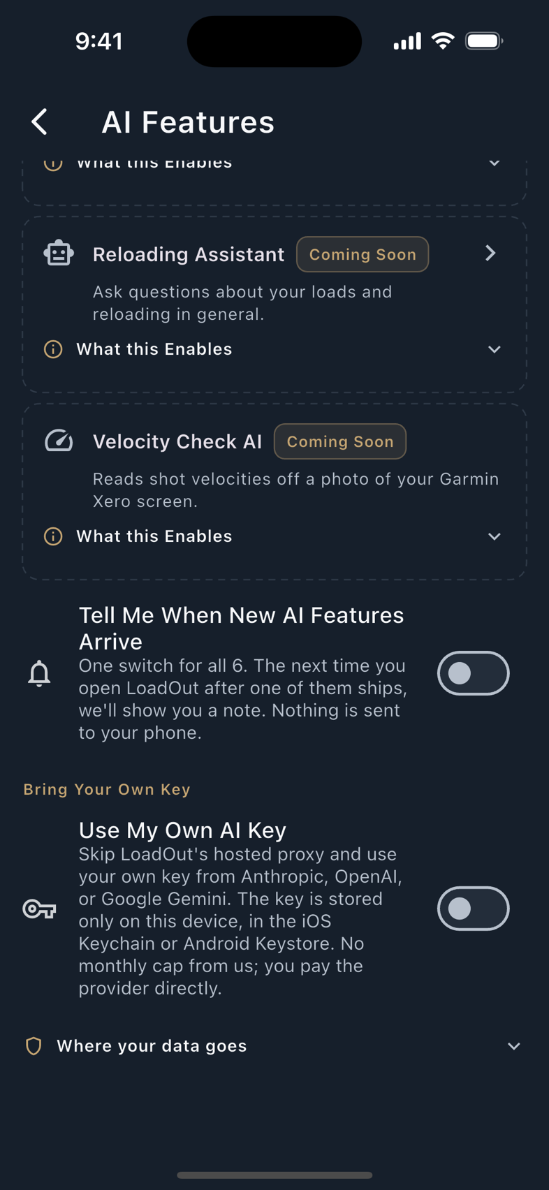 The AI Features hub, and the Coming Soon group.