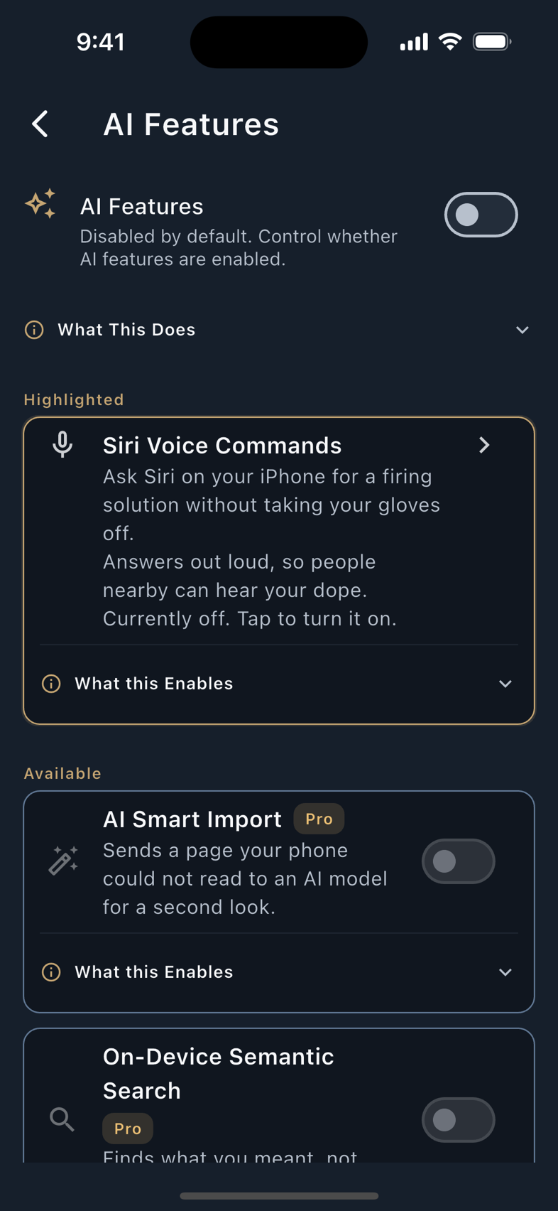 Siri Voice Commands, and the AI Features hub.