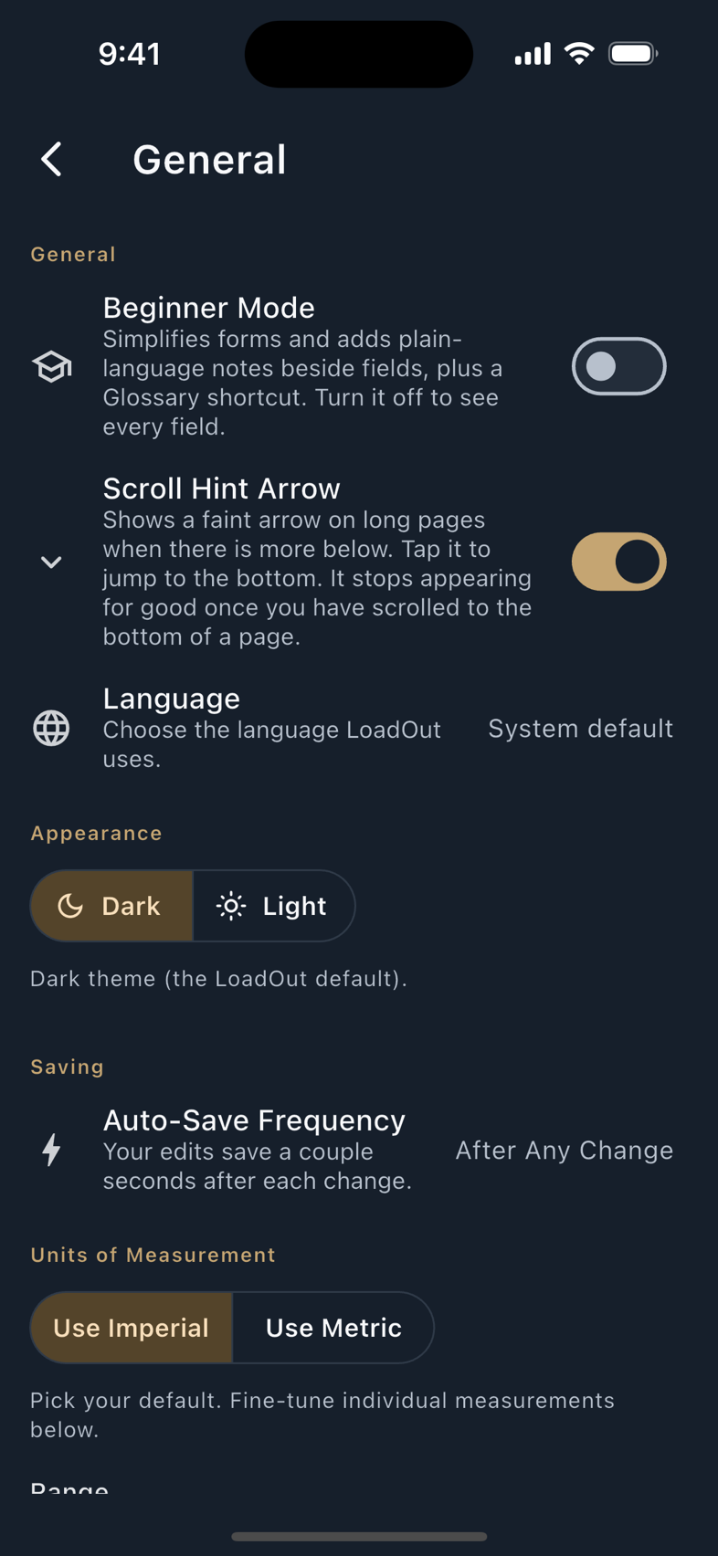 Settings › General: Beginner Mode, language, theme, auto-save, and the unit rows.