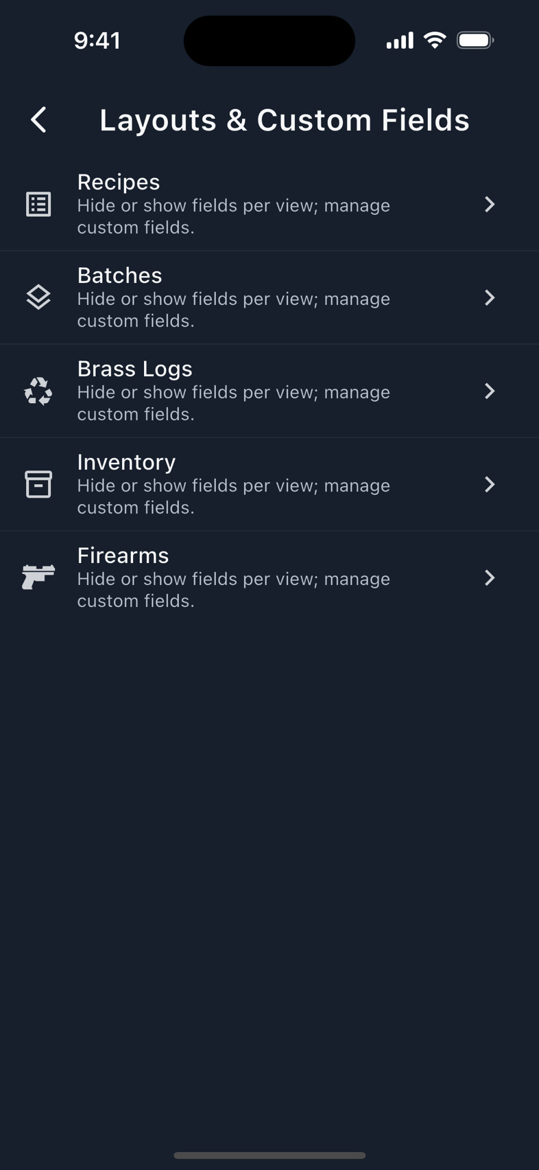 The layouts chooser, and the reloading process checklist.