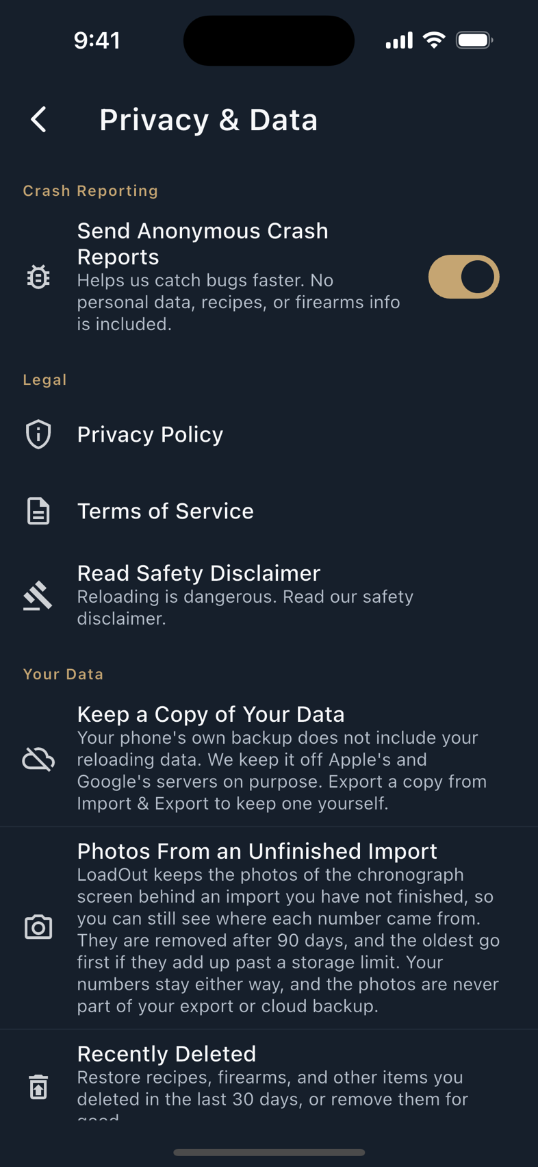 Privacy & Data, and the Storage screen.