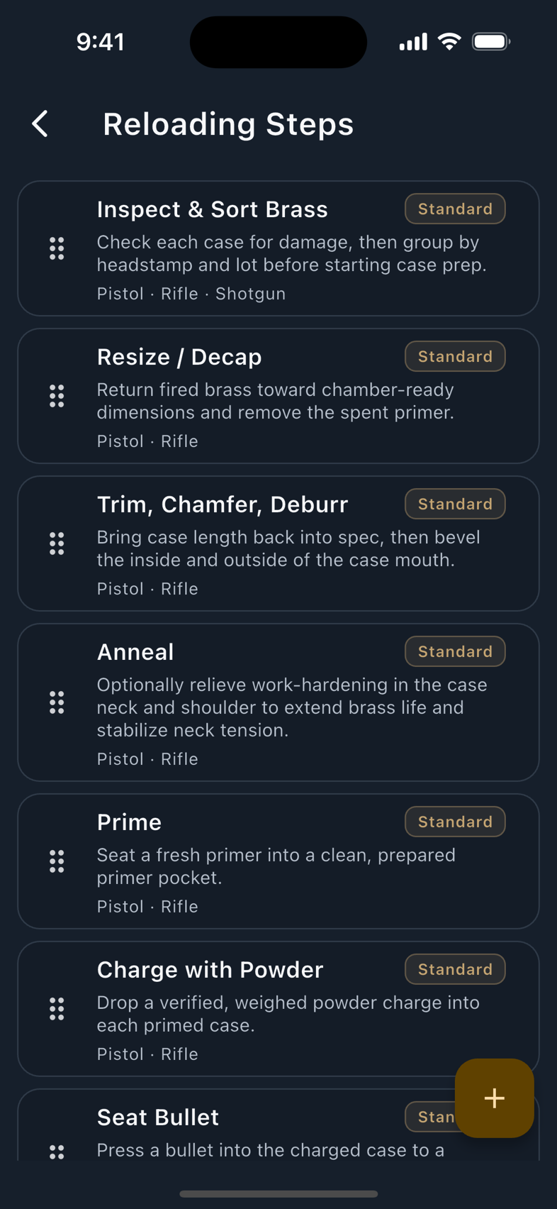 The layouts chooser, and the reloading process checklist.