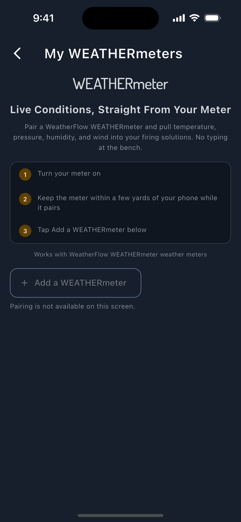 The WEATHERmeter landing and its pairing steps.
