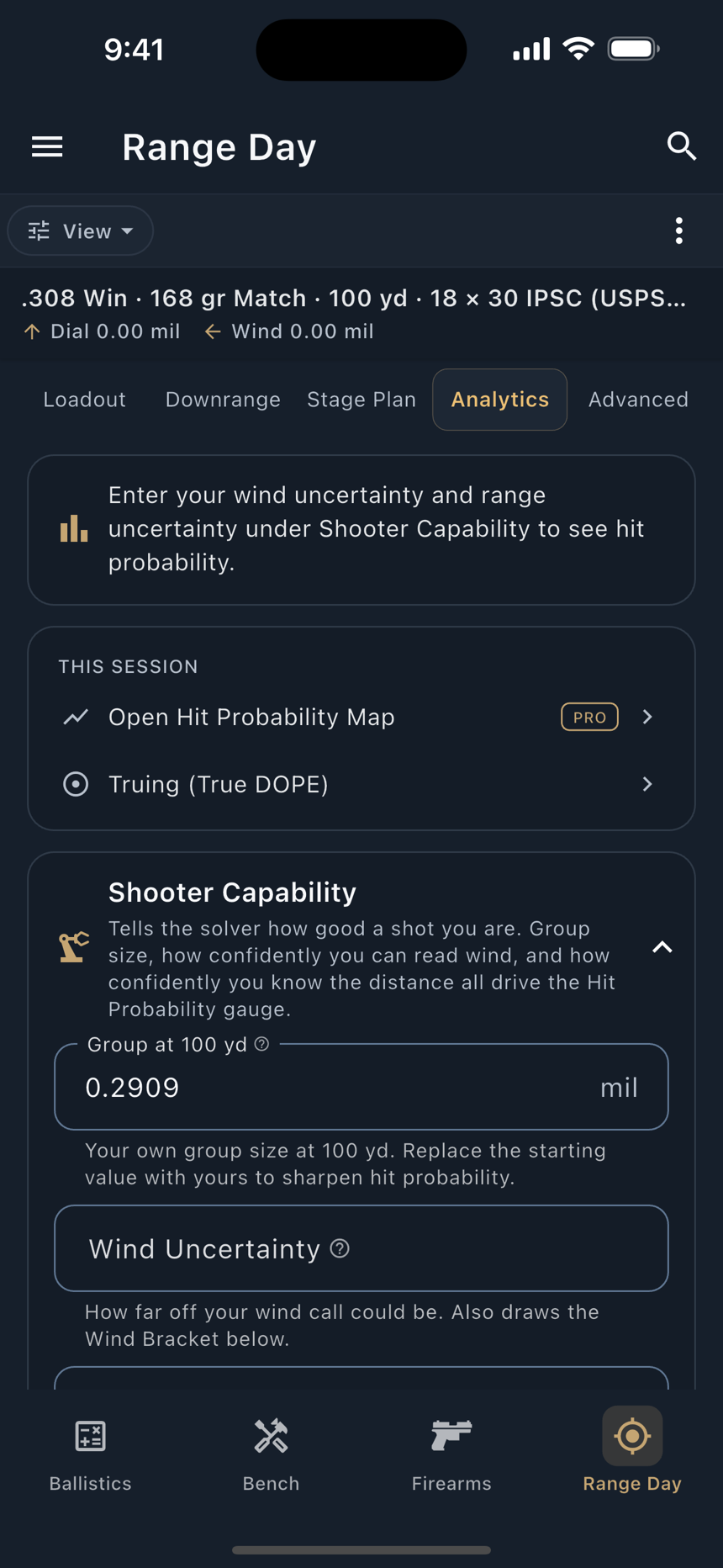 Shooter Capability: group size, wind confidence, and range confidence.