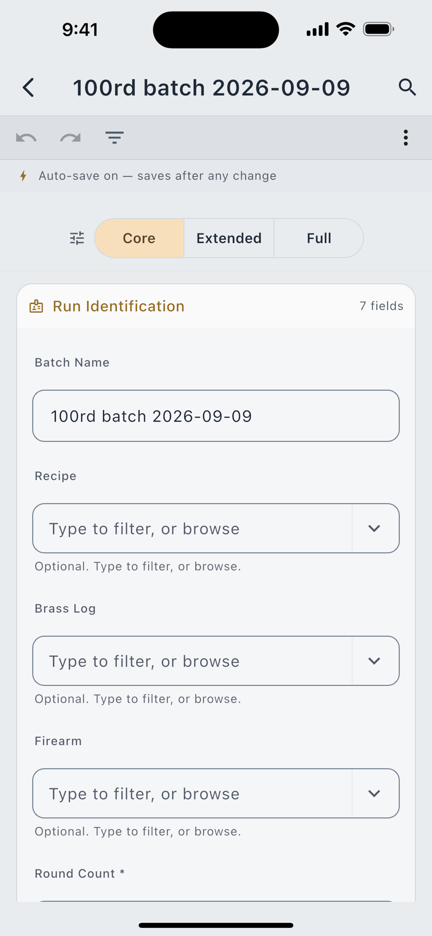 The batch list with its status pills, and the full batch form.