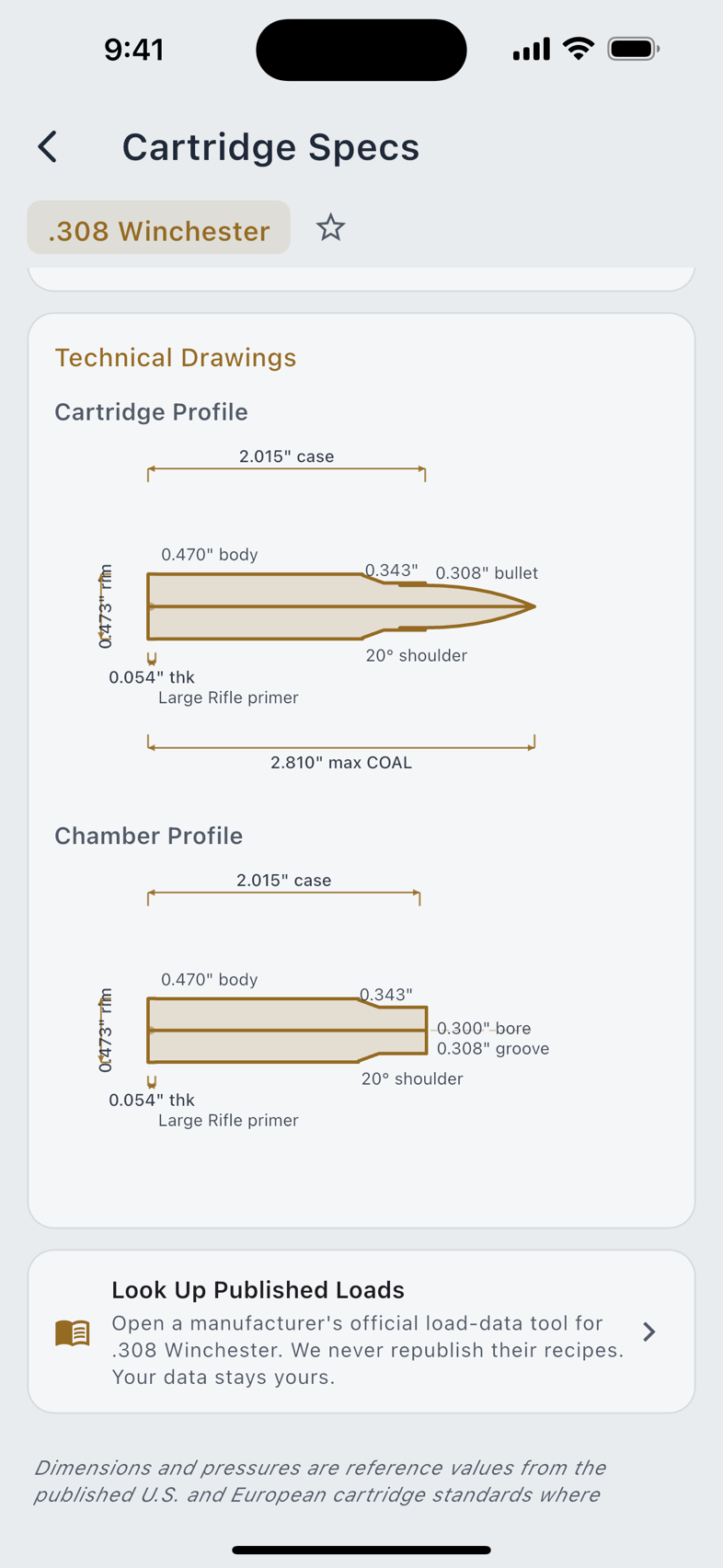 The cartridge list, and one cartridge's specifications.