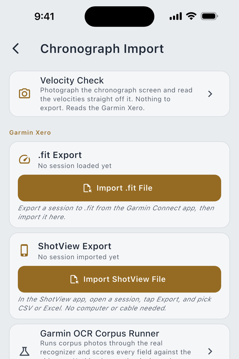 Chronograph Import and Velocity Check: the file routes, and reading the screen from a photograph.