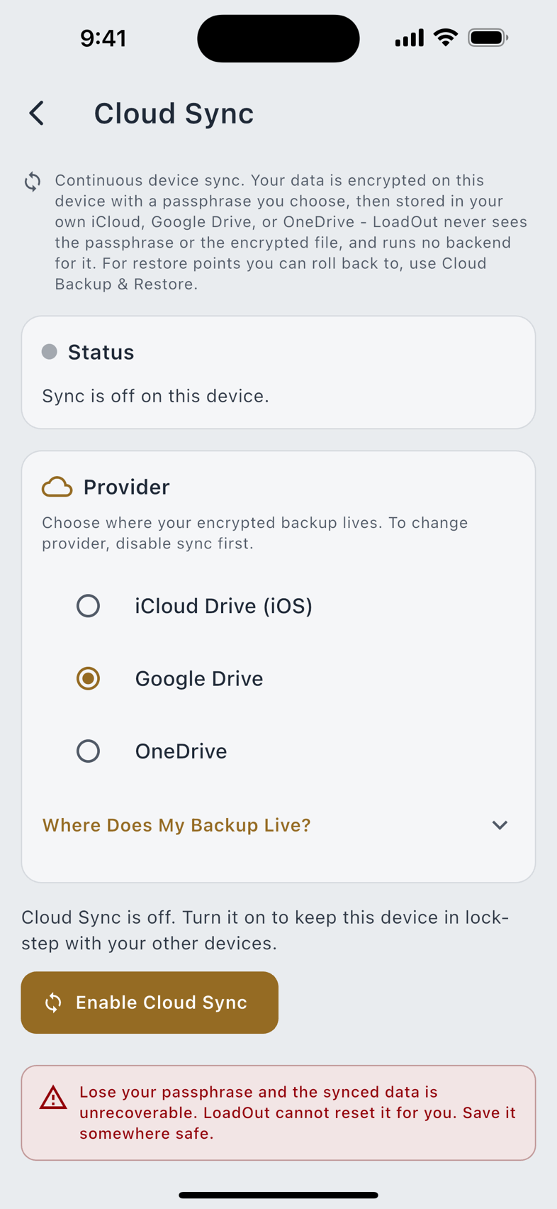 Cloud Sync, and its Settings entry.