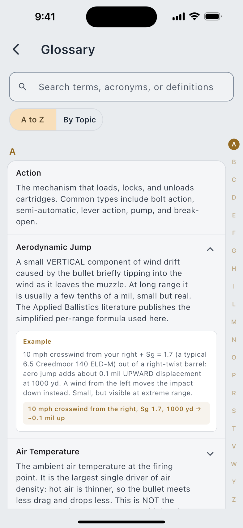 The glossary by topic, and one term with its example.