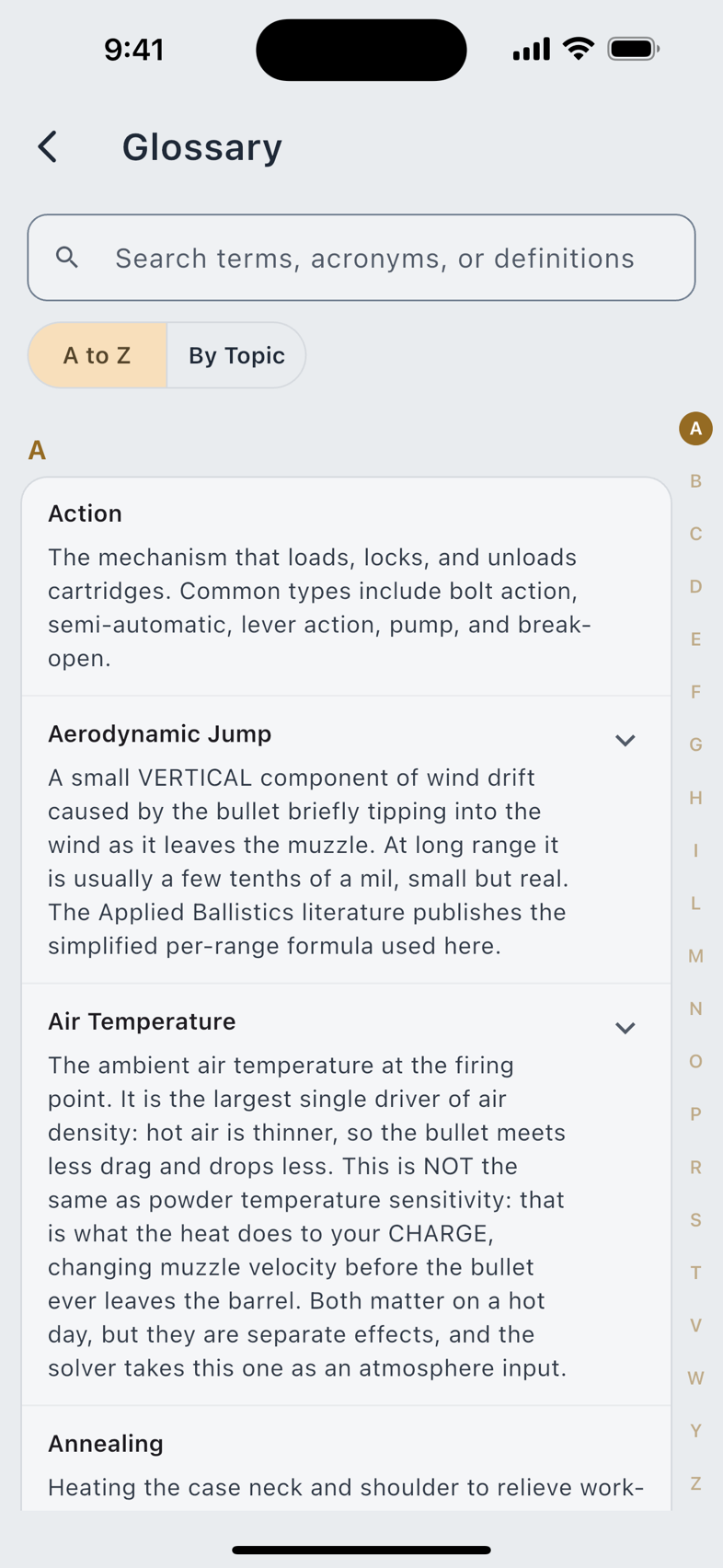 The glossary by topic, and one term with its example.