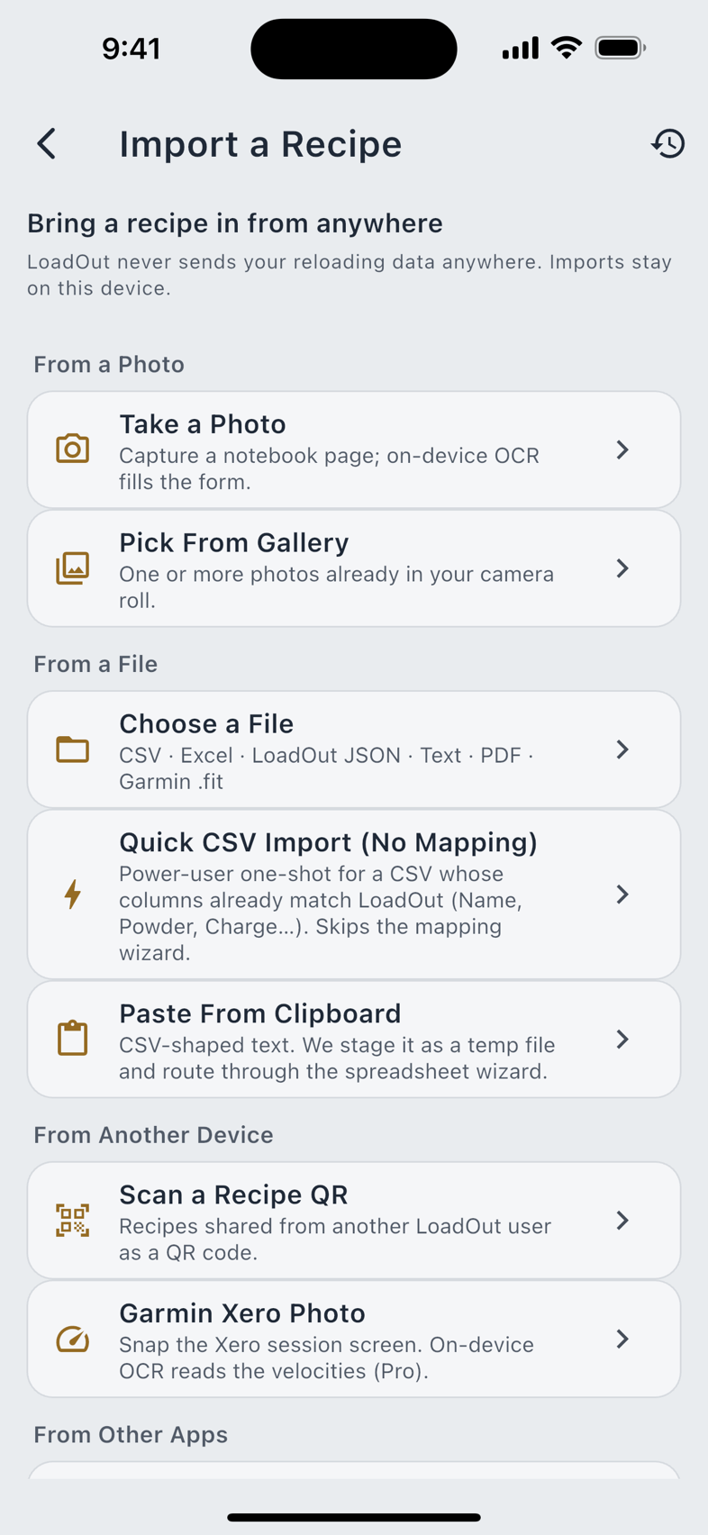 The import landing, and the file picker behind Choose a File.