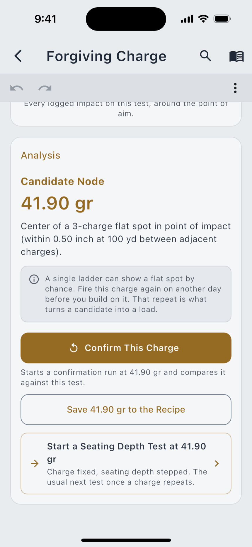 A finished load development test’s Analysis view, light appearance: velocity and spread charted per charge weight, with the charges the numbers favour called out.