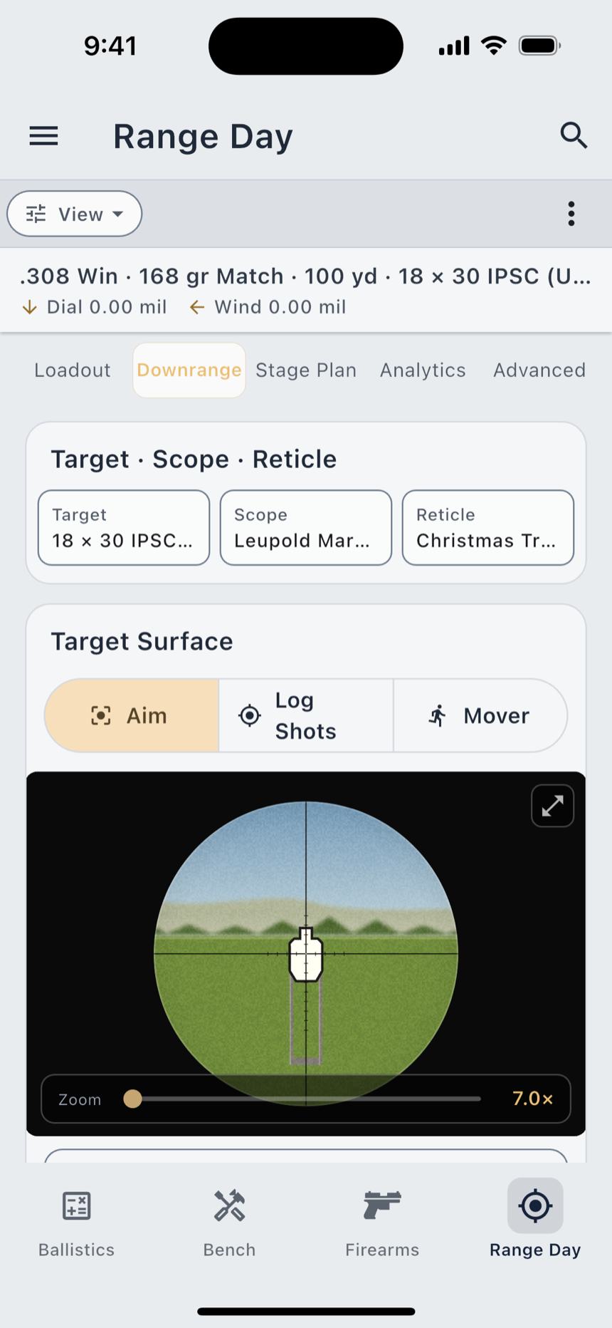 Range Day’s scope view on the free Stylized tier, light appearance: the reticle over an IPSC target sized for the range.