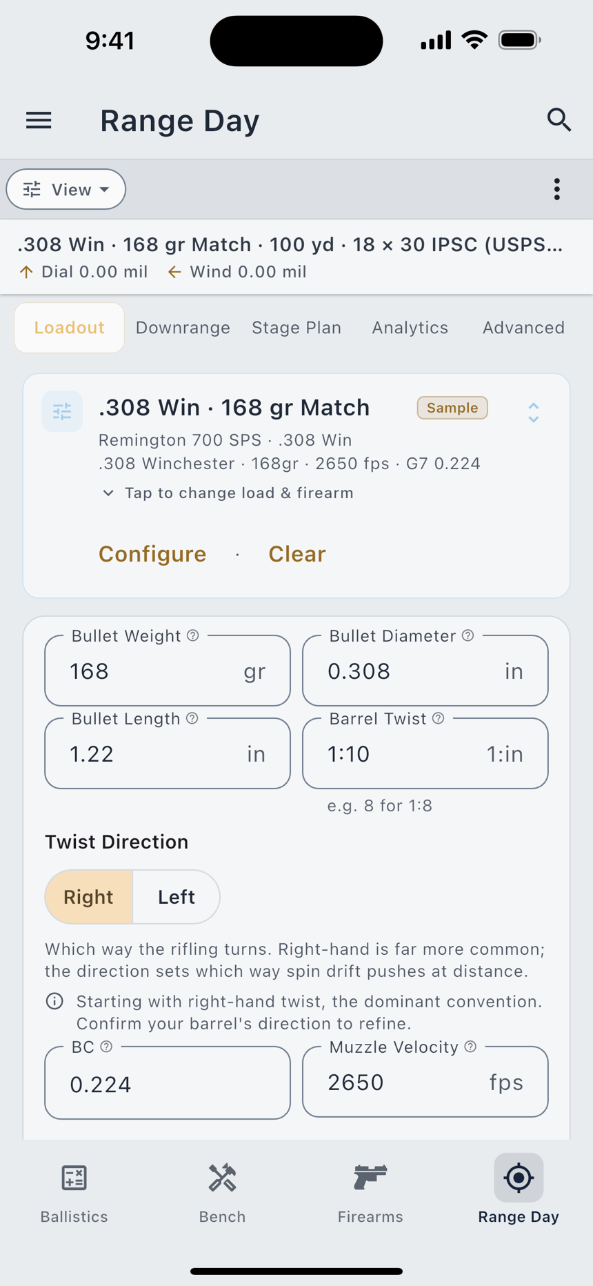 The Loadout tab: profile, load, firearm, and the load details underneath.