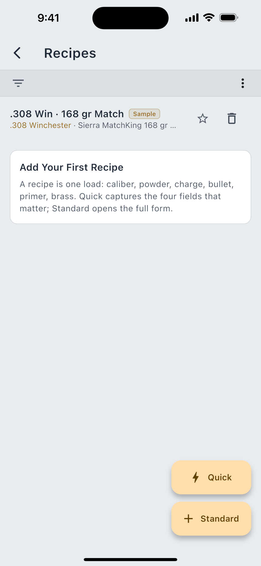 The Recipes list on iPhone, light appearance: saved loads by cartridge, each row naming the bullet, powder and charge.