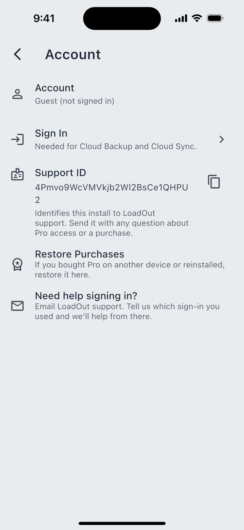 Account, with Support ID and Restore Purchases.