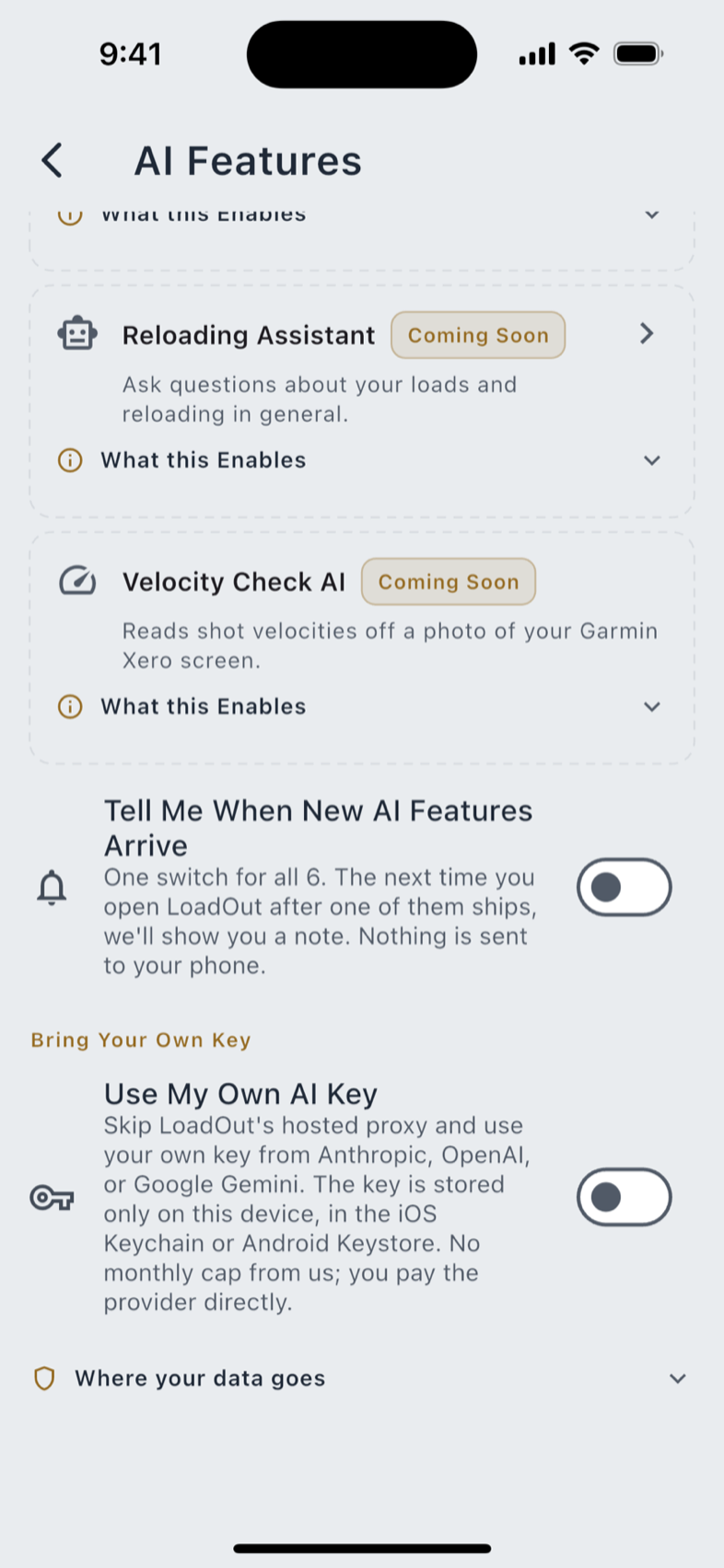 The AI Features hub, and the Coming Soon group.