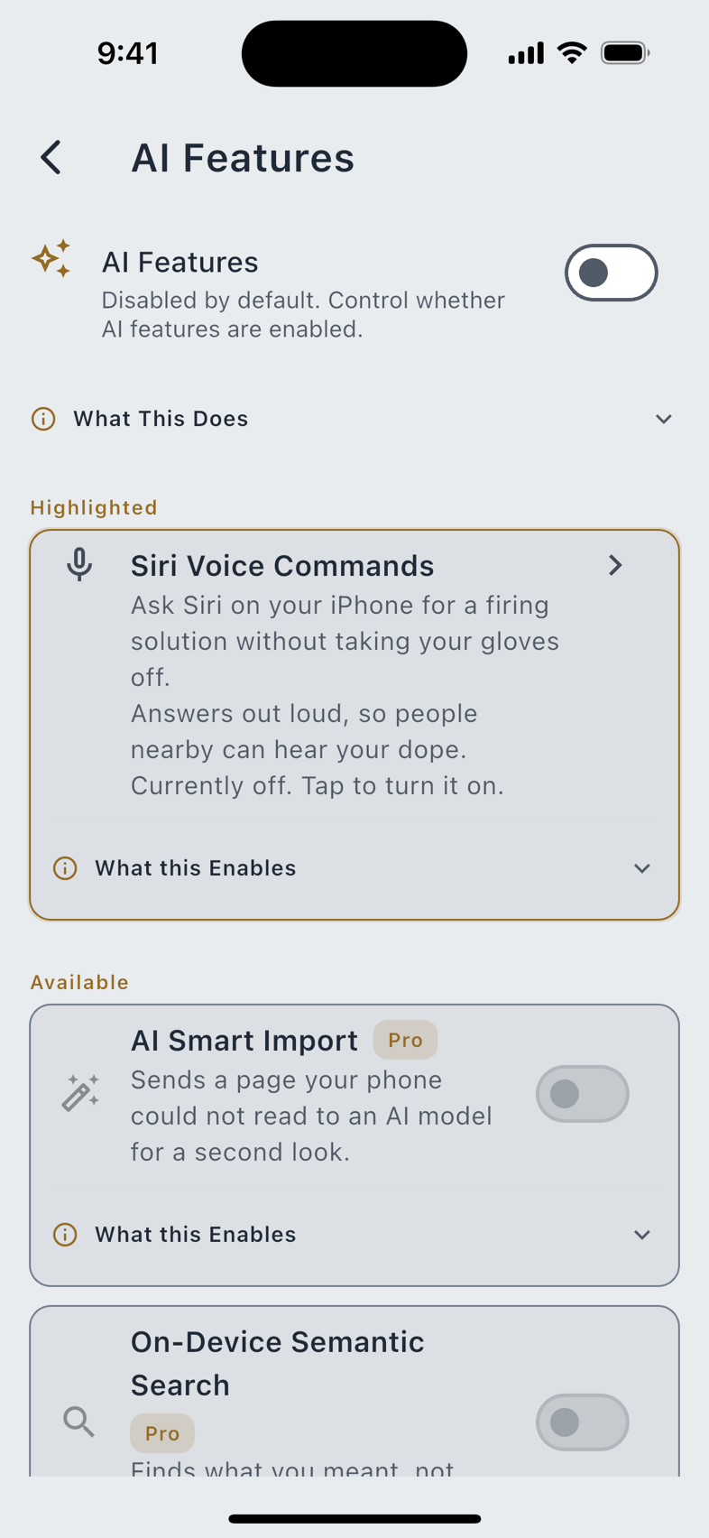 Siri Voice Commands, and the AI Features hub.