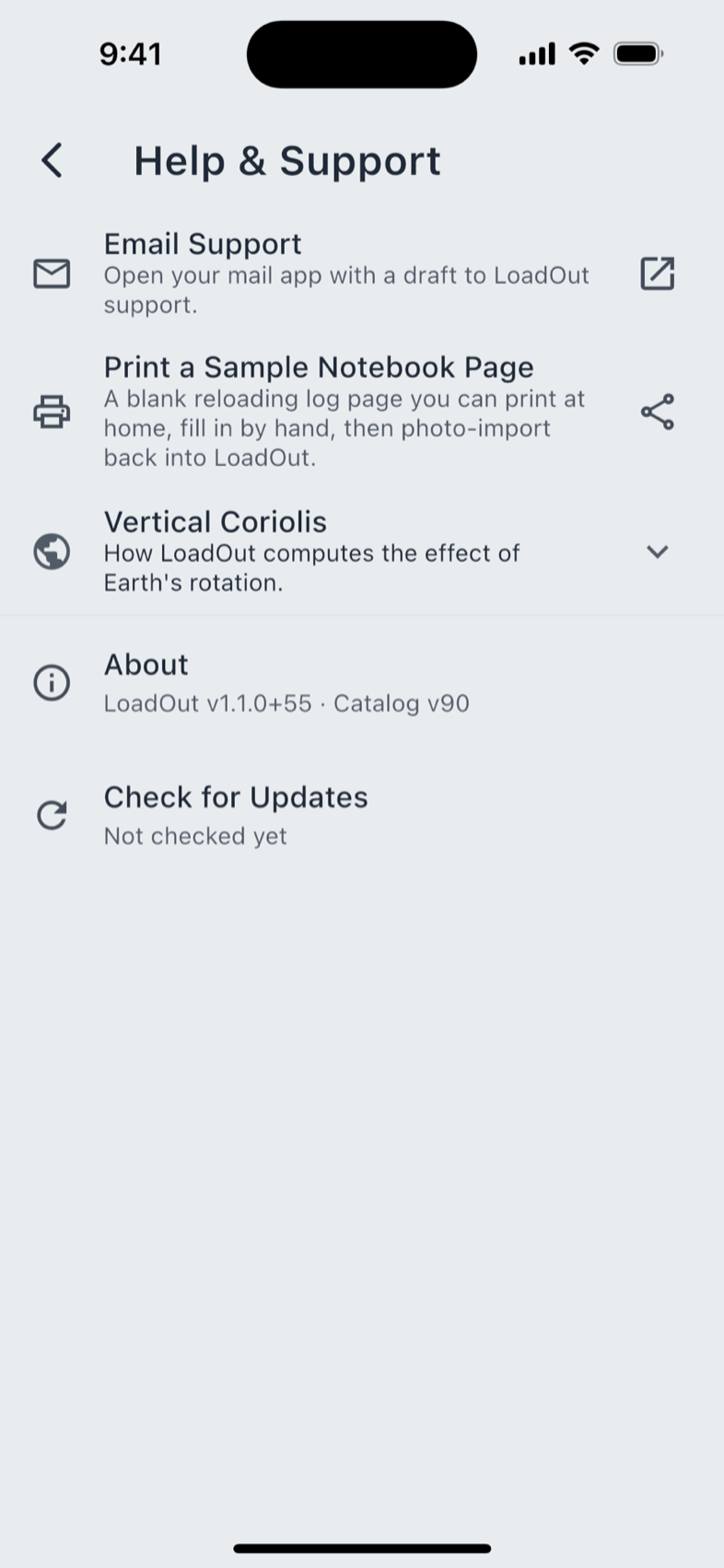 Help & Support, with the About block at the bottom.