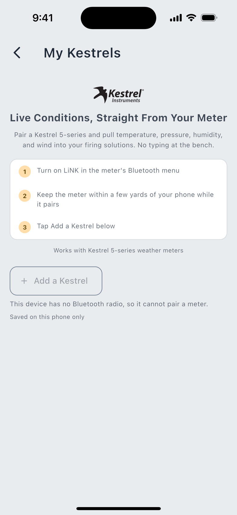 My Kestrels: the landing, the pairing card, and the paired meters.