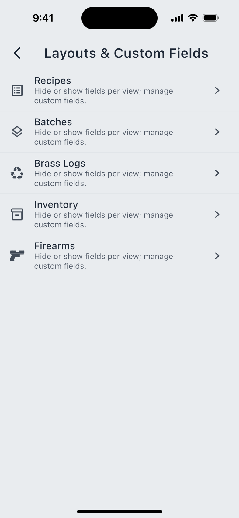 The layouts chooser, and the reloading process checklist.