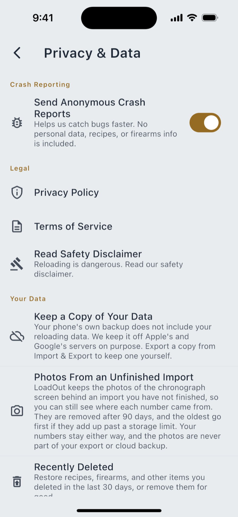 Privacy & Data, and the Storage screen.