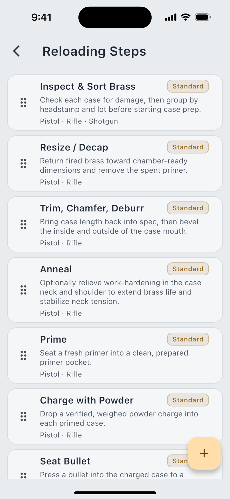 The layouts chooser, and the reloading process checklist.